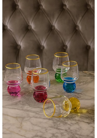 6 Kişilik Cam Elmas Ayaklı Renkli Yaldızlı Kahve Yanı Bardağı Bardak 50ml şeffaf