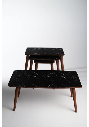 İstanbul Orta Sehpa Ve 3'lü Zigon Sehpa Seti Siyah Mermer Desen