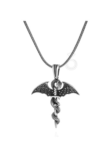 Gümüş Siyah Mikro Taşlı Kılıç Ve Ejderha Tasarım Erkek Kolye 552468532