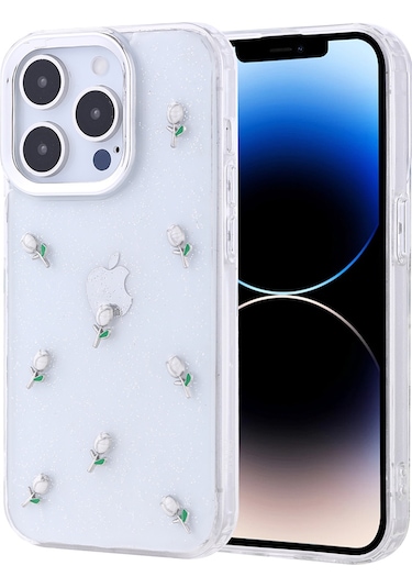 Goocamp İphone Uyumlu 14 Pro Kılıf Airbag Tasarımlı Simli Şeffaf Kutup Kapak - Kiraz Şeffaf