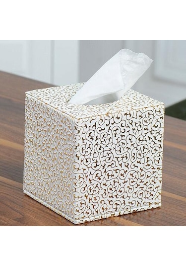 Doku Kutusu Tutucu Kılıf Kapağı Ev Ofis Otel İçin Kare Oyma Desen Dekorasyonu Doku Kutuları Beyaz