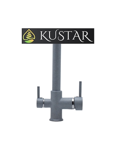 Kustar Gri Granit Kaplama 3 Yollu Arıtma Çıkışlı Mutfak Eviye Bataryası
