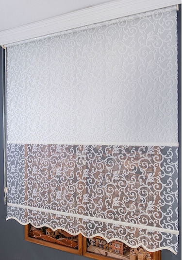 Desenli Çift Mekanizmalı Tül Stor Perde Beyaz