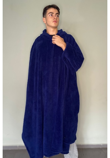 Giyilebilir Hoodie Battaniye Rahat Kalıp Tek Beden Lacivert