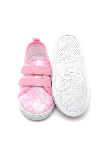 Çift Cırtlı Dantelli Keten Spor Çocuk Ayakkabısı-pembe-f-4005 Pembe