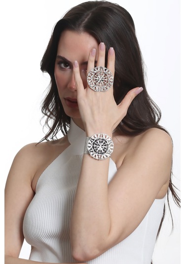 Labalaba Kadın Antik Gümüş Kaplama Ayarlanabilir Geniş Band Örümcek Ağı Figürlü Bileklik & Yüzük Set Gümüş