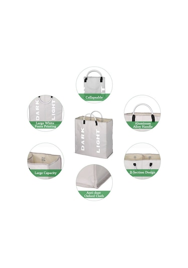 Cbtx Katlanabilir 2 Bölümlü Katlanabilir Çamaşır Sepeti Dayanıklı Oxford Kumaş - Açık Gri Diğer