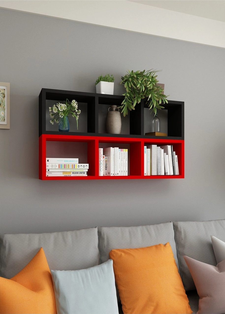 Kitaplık Duvar Rafı Mobilya Ikili Renkli Takım Kırmızı Siyah Kırmızı-siyah