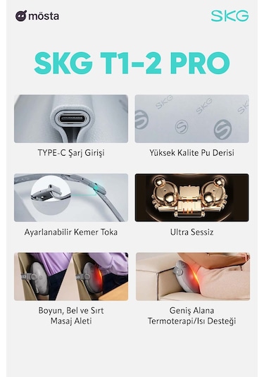 Skg T1-2 Pro Masaj Yastığı, Termoterapi-ısı Terapisi, Bel, Kalça, Sırt, Omuz Boyun Masaj Aleti Gri