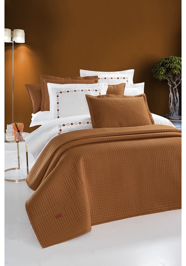 Elegante %100 Pamuk Saten Yatak Örtüsü Seti Hardal Bej