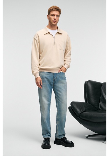 AUGUST Erkek %100 Pamuk Yarım Fermuarlı Yakalı Cepli Süs Etiketli Bej Sweatshirt