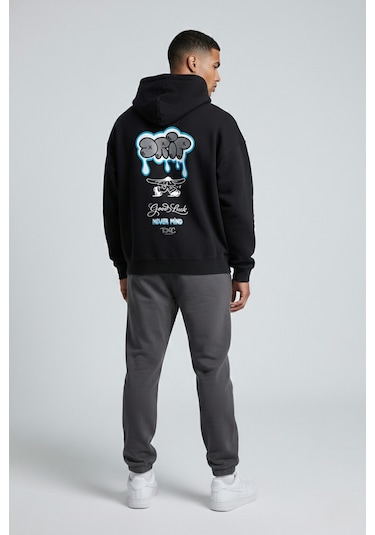 Nevermind Unisex Sevgili Çift Kombini Oversize Sırt Baskılı Grafik Hoodie Siyah
