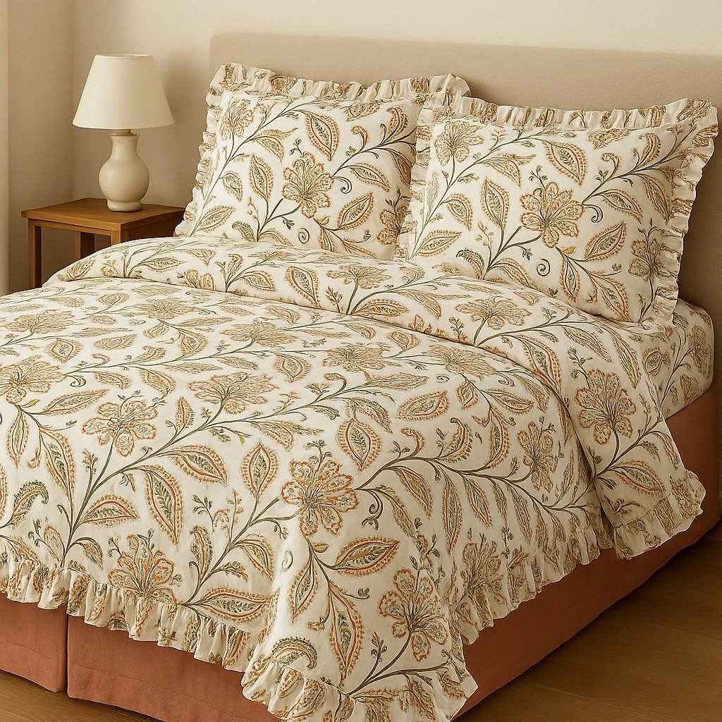 Şakayık Çiçekli Fırfırlı % 100 Pamuk Çift Kişilik Nevresim Takımı Çok Renkli