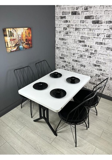 Sultan Beyaz Siyah Mutfak Yemek Masası Balkon Masası Kavisli Köşe Metal Siyah Ayak 120 80 Cm