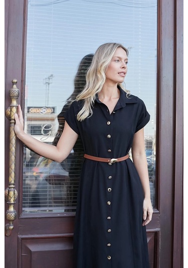 Kadın Twill Modal Yakalı Düşük Omuzlu Duble Kol Midi Boy Diz Altı Elbise Deri Kemer Dahil -siyah Siyah