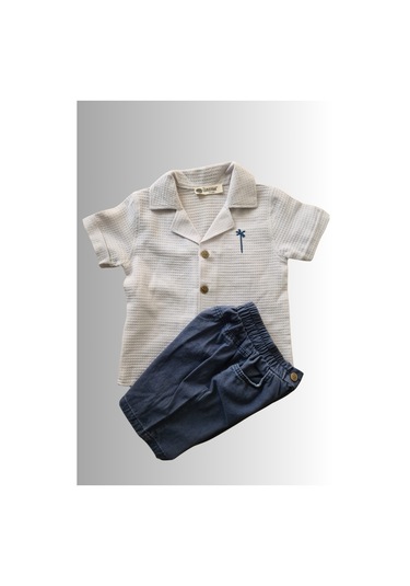 2'li Erkek Çocuk Krem Gömlek Mavi Sortlu Takım-1359 Krem