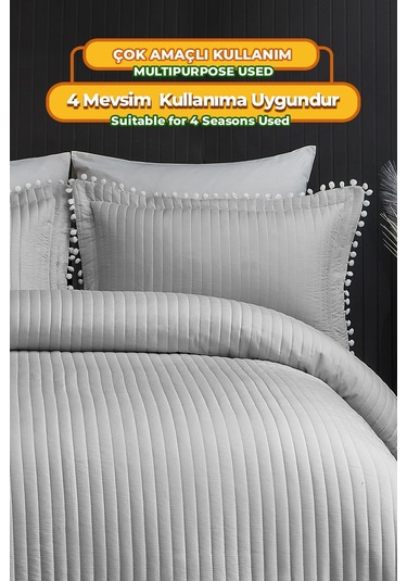 Evlen Home Collection Ponponlu Çift Kişilik %100 Pamuk Yatak Örtüsü Pike Takımı Gri