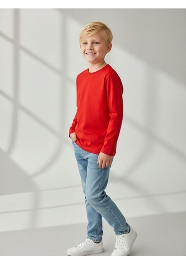 Zekids Erkek Çocuk Pamuklu Uzun Kol Basic T-shirt-16713 KIrmızı