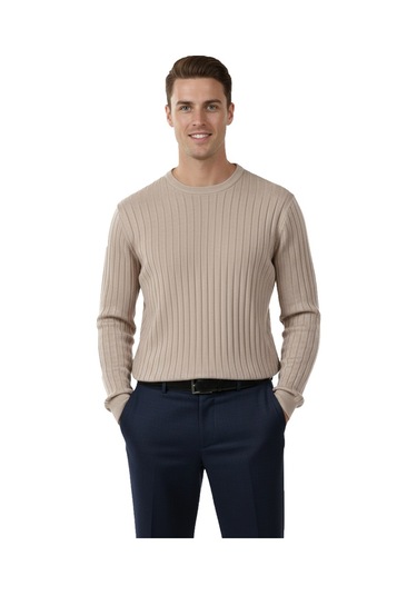 Deepsea Erkek Bej Rahat Kalıp Çizgi Dokulu Triko Kazak Şık & Modern Tasarım 2605432 Bej