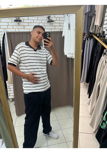 Tuba Toptaş Çizgili Yakalı Triko Tshirt Beyaz