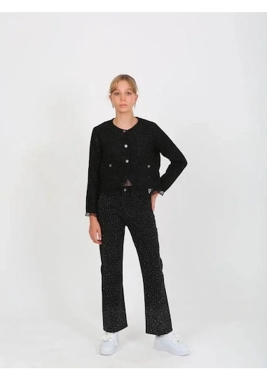 Kız Çocuk Siyah Simli Tüvit Ceket-15235 Siyah