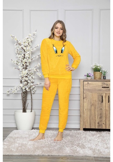 Civciv Desenli Anne Kız Çocuk Kombin Peluş Pijama Takımı Anne Kız Ayrı Satılır. Sarı