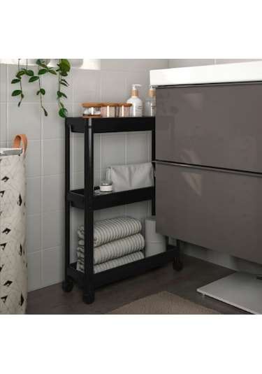 Tekerlekli Dikdörtgen 3 Katlı Raf Ünitesi Banyo Mutfak Düzenleme (495036410) Siyah