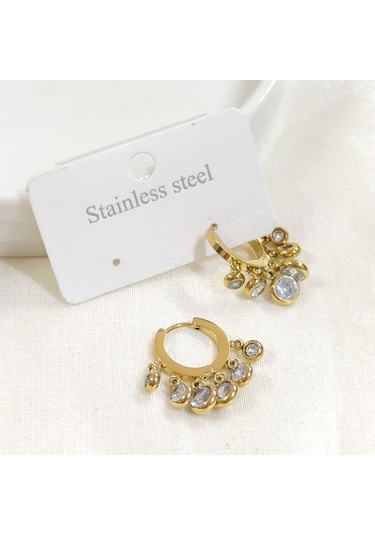 Çelik Shak Sallantılı Taşlı Halka Küpe - Altın Sarı Beyaz