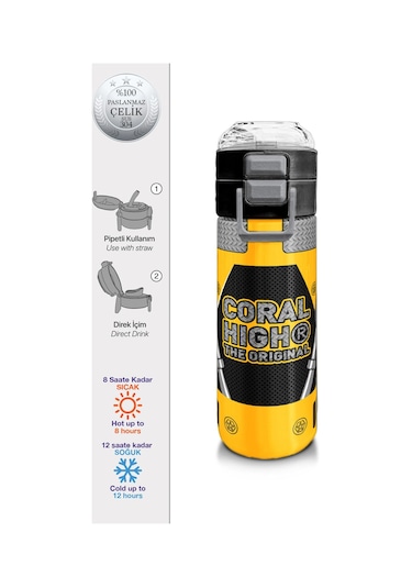 Coral High Kids Sarı Siyah Robot Desenli Pipetli Ve Direkt İçim Çelik Termos 500 Ml 31862 Sarı - Siyah