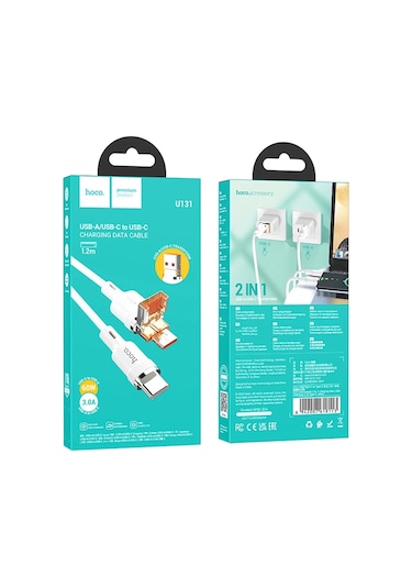 Hoco. U131 1.2m 2in1 Usb Ve Type-c To Type-c Şarj Data Kablosu - Beyaz
