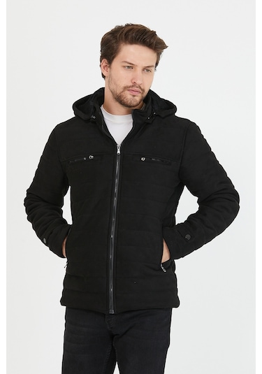 Erkek Siyah Dar Kesim Kapüşonlu Kalın Kumaş Süet Mont Siyah