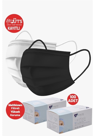 Melantis Medikal 3 Katlı Telli Meltblownlu Cerrahi Maske Beyaz + Siyah 2 x 50'li