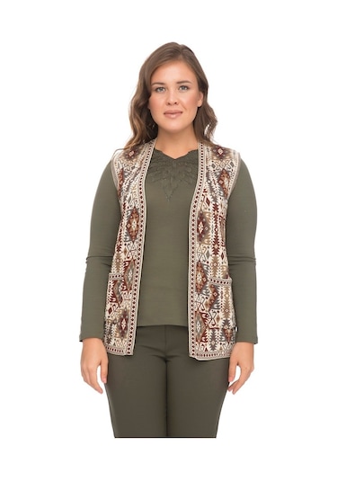 Uludağ Triko Kadın Kilim Desen Yelek / Taş