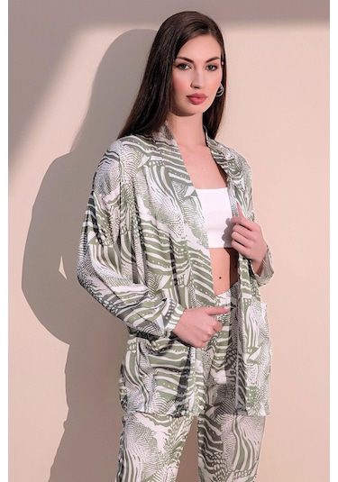 Kadın Haki Safari Desen Yeni Moda Saten Çift Cepli Salaş Kimono Ceket - Tesettüre Uygun Haki