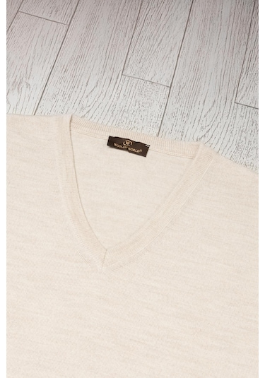 V Yaka Battal Büyük Boy Yünlü Kolsuz Triko Süveter Krem