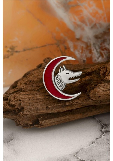 925 Ayar Gümüş Ay Motifli Bozkurt Rozet -8059