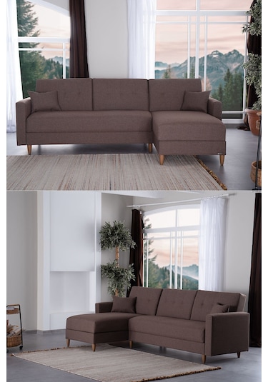 Kilim Mobilya Scandi Köşe Uzanmalı Yataklı Köşe Takımı Hem Sağ Hem Sol Köşe Olarak Kullanılabilir Kahverengi