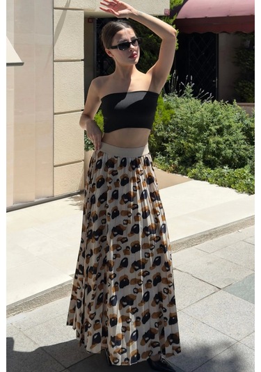 Beli Lastikli Pliseli Etek 6029 Bej/kahverengi Bej-kahve