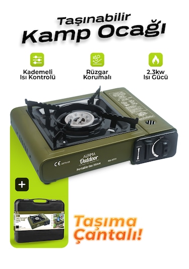 Auhma Rb-kf01 Portatif Kamp Ocağı 2.3kw Yeşil Taşınabilir Tekli Gazlı Ocak Rüzgar Geçirmez, Pikn Yeşil