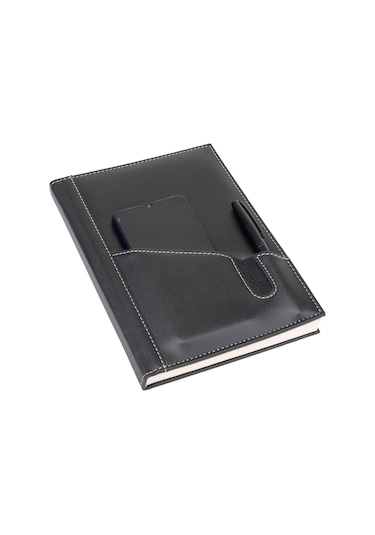 Deri Telefon Kılıflı Kapak Defter Tarihsiz Düz 17X24 Cm Siyah