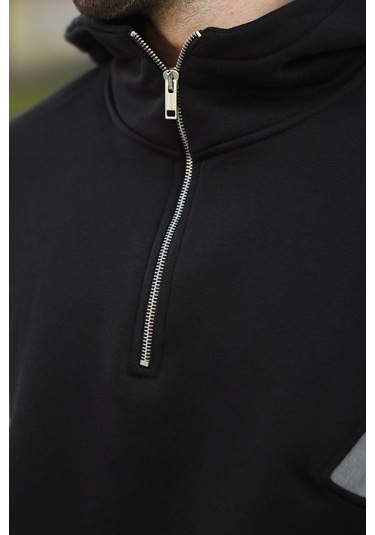 Madmext Siyah Fermuarlı Yaka Kapüşonlu Erkek Sweatshirt E7161 Siyah
