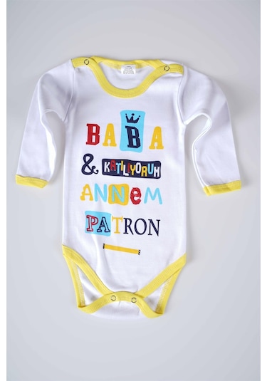 Yeni Sezon Baba Katılıyorum Annem Patron Yazılı Bebek Çocuk Uzun Kol Pamuk Bady Zıbın Sarı