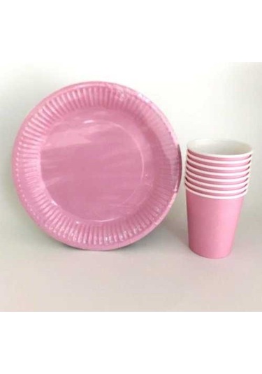 Pembe 8 Adet Tabak Ve 8 Adet Pembe Bardak