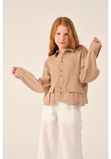 Genç Kız Çocuk Cepli Uzun Kollu Gömlek Bej