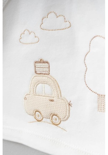 Bebitof %100 Pamuk Bulutlu Araba Desenli 5 Parça Yenidoğan Hastane Çıkışı Zıbın Seti Bbtf.krm.20109 Krem