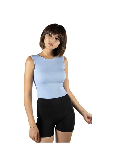 Mavi Fitted/vücuda Oturan Crop Halter Yaka Fitilli Esnek Örme Bluz Atlet Mavi