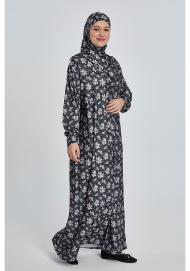 Pratik Tek Parça Manolya Desenli Namaz Elbisesi Koyu Siyah