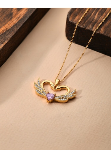 925 Ayar Zirkon Taşlı Gold Birleşen Kuğular Kalp Motifli Gümüş Aşk Kolyesi Gümüş - Rodyum