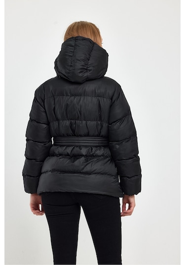 Alisse-kadın Siyah Kapüşonlu Kemerli Şişme Mont Kaban Siyah