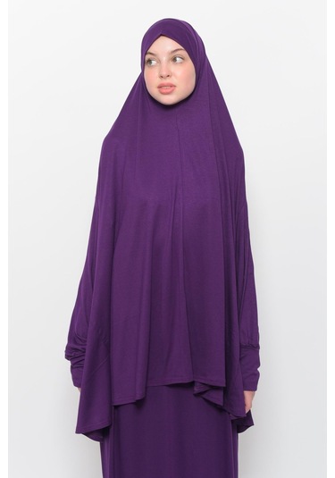 Pratik 2 Parça Pamuklu Yarasa Kollu Başörtülü Tesettür Namaz Elbisesi Mürdüm Antrasit